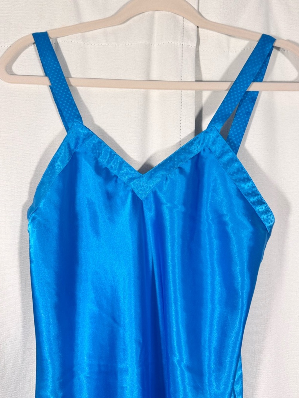 Vintage Blue Satin Slip Dress w/ Polka Dot Straps - Picture 3 of 7